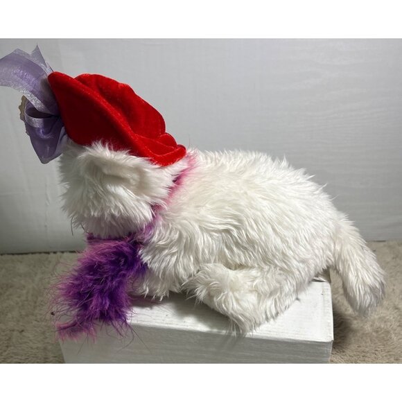 Ganz White Plush Cat Victorian Innocence Red Velvet Hat & Purple Feather Scarf - Picture 3 of 11